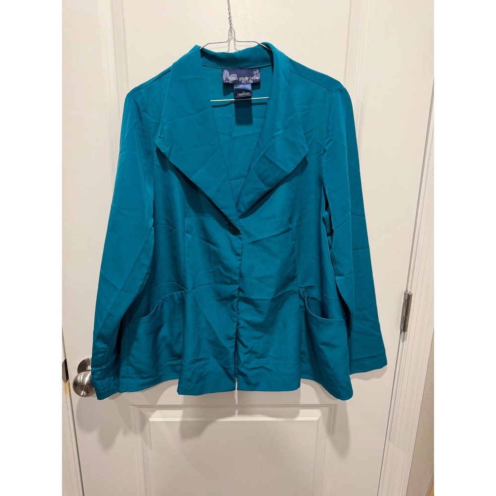 Susan Graver Womens Blazer Single Button Lightweight Teal Size M